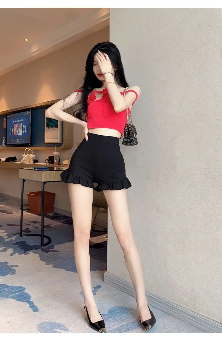 New Black Shorts for Women, Summer Style with High Waist, Slimming and Wide-leg, Casual Three-quarter Pants