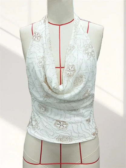 Women Tank Tops Beaded Flower Halter Low Cut Casual Vest Summer Backless Sleeveless Tops Streetwear