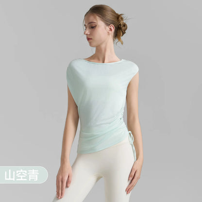 Sleeveless Pleated Cover Shirt with Drawstring, Tight Waist, High-end Feeling, Breathable and Slimming Sports T-shirt