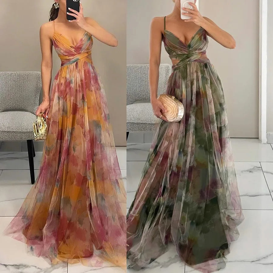 Women‘s Fashion Spring Autumn New Mesh Floral Print Beautiful Party Dress ladies Halter Dress INS Holiday Casual Long Dress