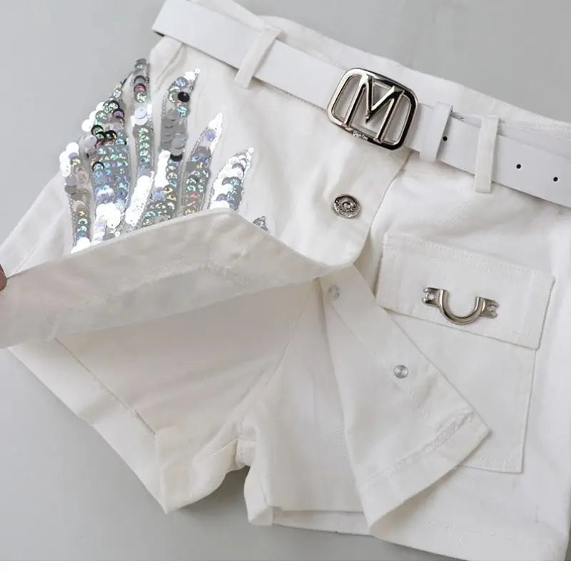 Fashion Sequin Denim Short Skirt Women Spring/Summer 2025 New Korean High Waist Slim Irregular Sexy Hot Pants White Black Casual