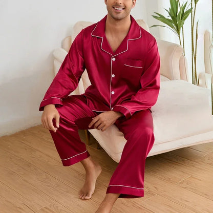 Men Sleepwear Satin Pajama Sets Long Sleeve Tops with Trousers Pajama Pj Sets Soft and Comfortable Autumn Pajamas Loungewear Set