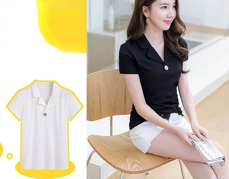 T-shirt Woman Button Tops Short Sleeve Tee Clothing Plain Polo Neck Shirts for Women Trend Luxury Polyester High Quality Sale V