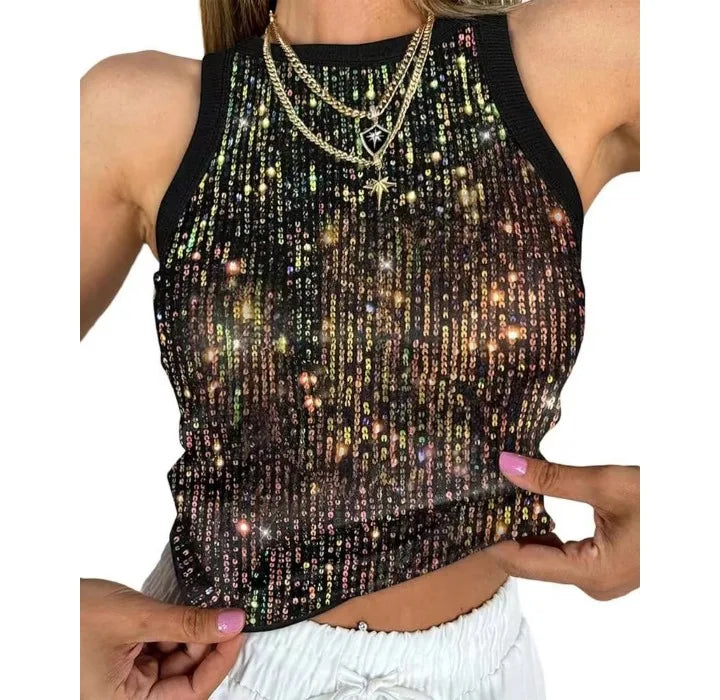 Tank Top for Women 2025 Summer New Pearl Leopard Print Small Sleeveless T-shirt Sexy Exposed Navel and Waist Color Blocked Vest