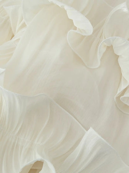 Women Elegant Ruffles Hem Beige Long Evening Dress Sleeveless Cloak Style Maxi Dresses