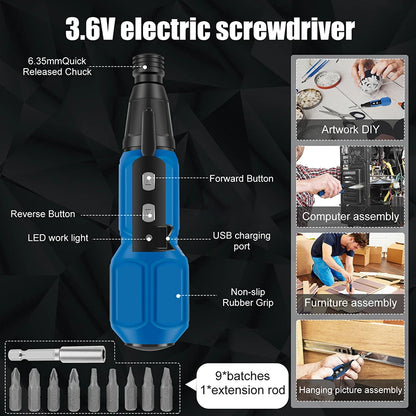 Electric Screwdriver 3.6V Mini Household Screwdriver Anti-Slip Handle Screwdrivers Straight Rod Rechargeable Driver Repair Tool