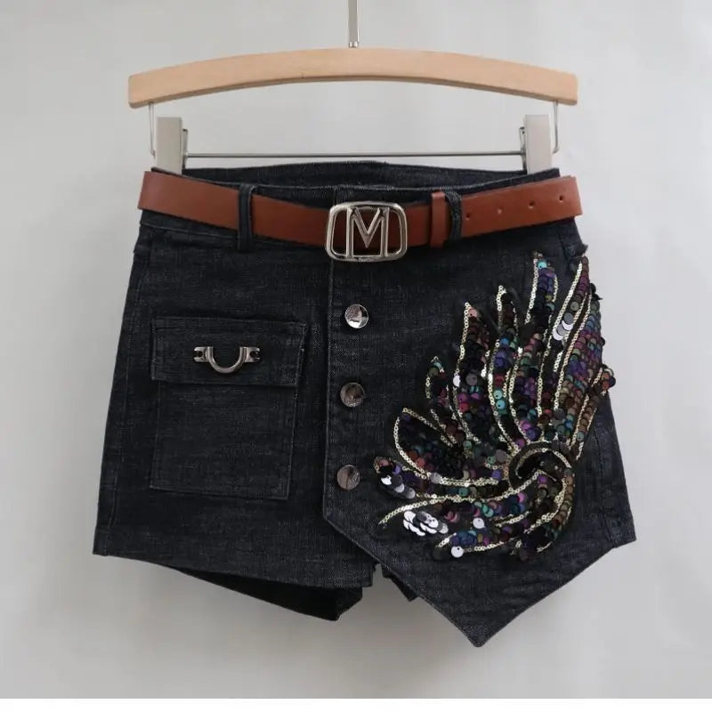 Fashion Sequin Denim Short Skirt Women Spring/Summer 2025 New Korean High Waist Slim Irregular Sexy Hot Pants White Black Casual