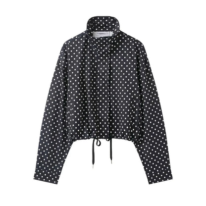 HH Women Elegant Fashion Polka Dot Pink Jacket Single Breasted High Collar Drawstring Coat Spring Lady Trend Street Outwear
