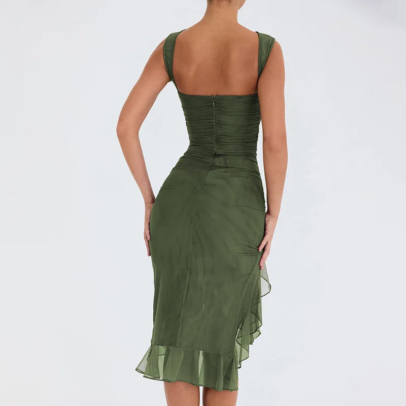2025 Spring And Summer Sleeveless Dresses Women New Fashion Mesh Tight Solid Color Elegant Temperament Irregular Hem Vestidos