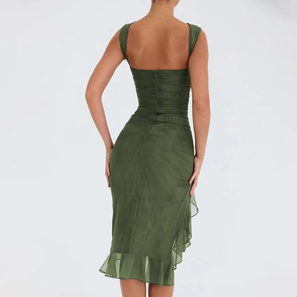 2025 Spring And Summer Sleeveless Dresses Women New Fashion Mesh Tight Solid Color Elegant Temperament Irregular Hem Vestidos