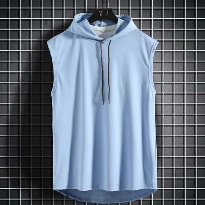 Mens Sleeveless Hooded Tank Tops Summer Gym Bodybuilding Fitness Sport Workout Singlet Solid Color Sports Vest