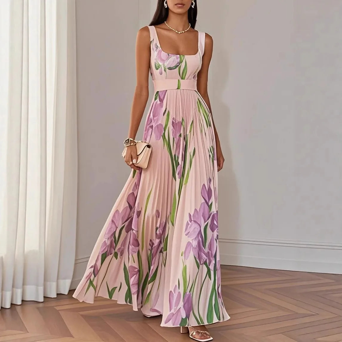 Sexy Flower Print Long Dress Women Summer 2025 Fashion Sleeveless Strap Maxi Dresses Elegant