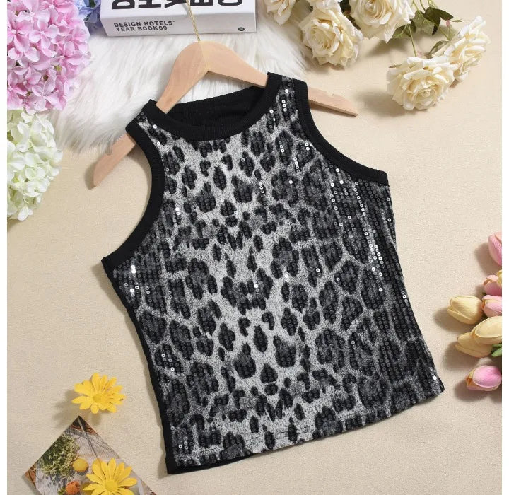 Tank Top for Women 2025 Summer New Pearl Leopard Print Small Sleeveless T-shirt Sexy Exposed Navel and Waist Color Blocked Vest