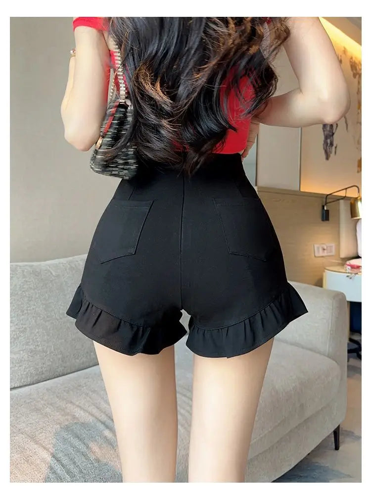New Black Shorts for Women, Summer Style with High Waist, Slimming and Wide-leg, Casual Three-quarter Pants