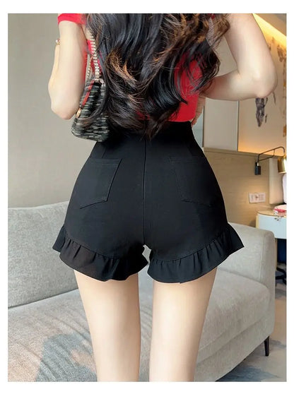 New Black Shorts for Women, Summer Style with High Waist, Slimming and Wide-leg, Casual Three-quarter Pants