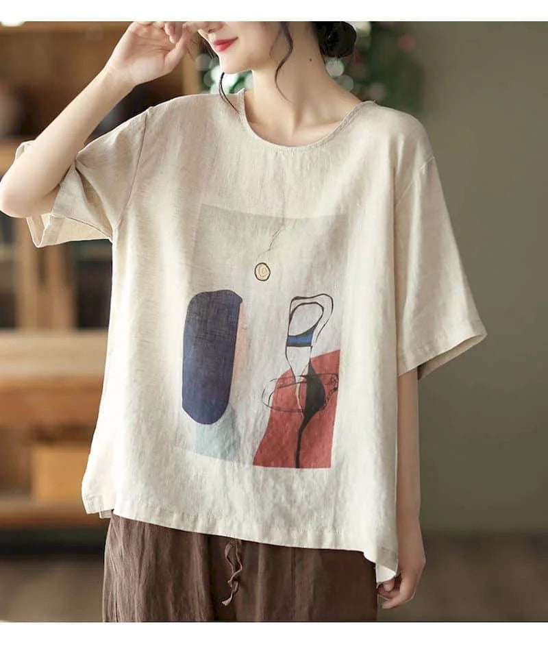 Cotton Linen T Shirts Women Fashion Vintage Art Printed T-shirt Casual Loose O-neck Short Sleeve Tops Summer Trend Thin Tshirt