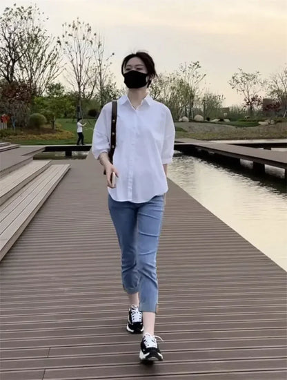 Women Blouses Elegant Streetwear Office Casual Loose Button Up White Blue Long Sleeve Vintage Oversize Shirt Tops