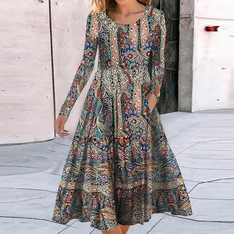 Fashion Bohemian Dresses For Women O Neck Long Sleeve Vintage Print Maxi Long Dress Women Elegant Autumn Dress