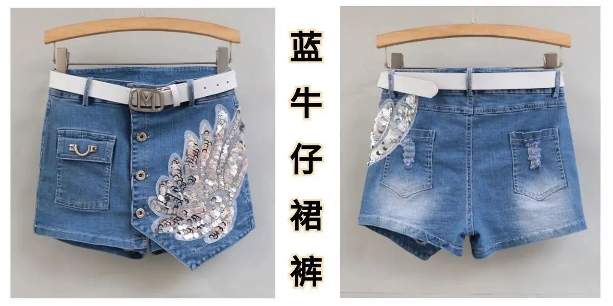 Fashion Sequin Denim Short Skirt Women Spring/Summer 2025 New Korean High Waist Slim Irregular Sexy Hot Pants White Black Casual