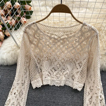 Blouses Women Retro Hollow Out All-match Sweet See-through Leisure Summer Sun-proof Korean Style Female Slim Crop Bohemian Ins