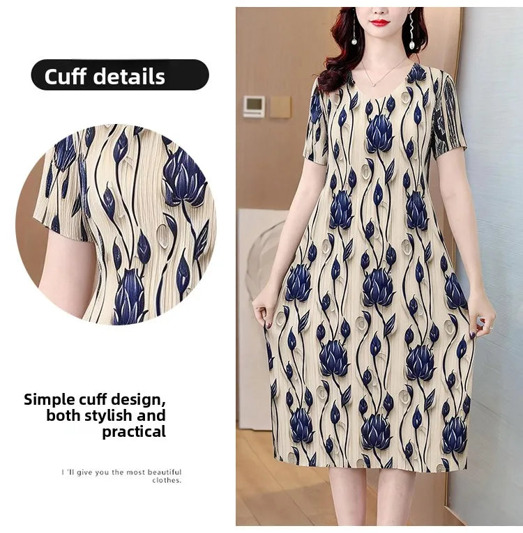 Elegant Pleated Maxi Dress for Women Summer Fashion High Waist A-Line Skirt Short Sleeve round Neck Iron-Free Business Wear