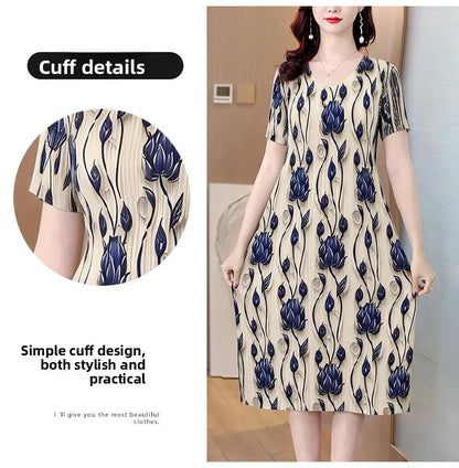 Elegant Pleated Maxi Dress for Women Summer Fashion High Waist A-Line Skirt Short Sleeve round Neck Iron-Free Business Wear