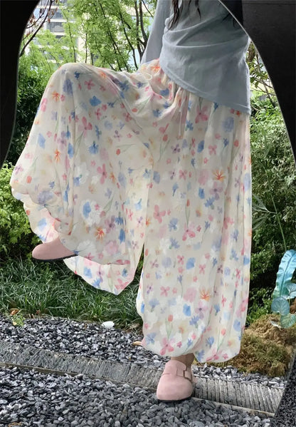 Summer French Style Floral Palazzo Pants Women High Waist Loose Boho Print Wide Leg Trousers with Drapery Comfortable &amp; Elegant