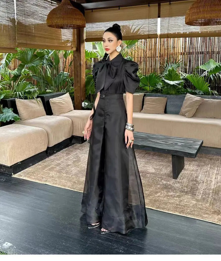 New Fashion Organza Wide Leg Palazzo Pants Women Elegant Summer High Waist Solid Color Office Lady Trousers Clothing