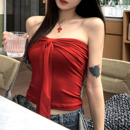 Sleeveless Tank Top for Women Summer Slim Bow Crop Top Sexy Skinny Tube Tops Fashion Clothing Streetwear Girl