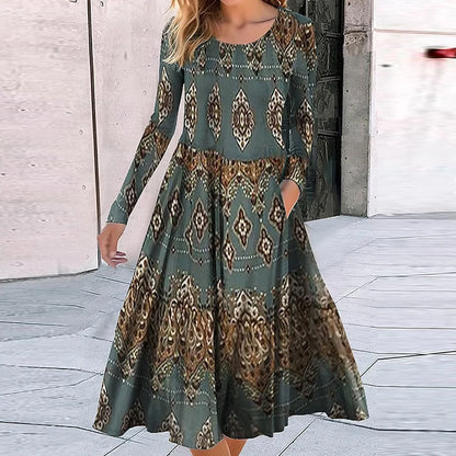 Fashion Bohemian Dresses For Women O Neck Long Sleeve Vintage Print Maxi Long Dress Women Elegant Autumn Dress