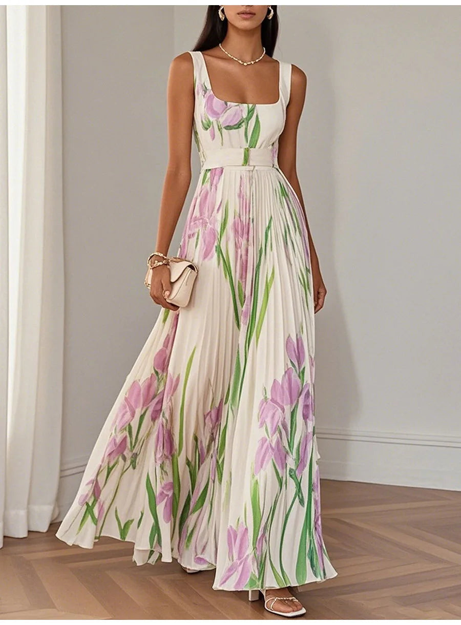Sexy Flower Print Long Dress Women Summer 2025 Fashion Sleeveless Strap Maxi Dresses Elegant