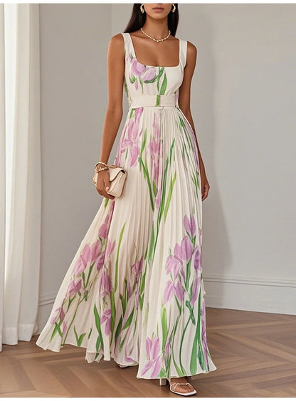 Sexy Flower Print Long Dress Women Summer 2025 Fashion Sleeveless Strap Maxi Dresses Elegant