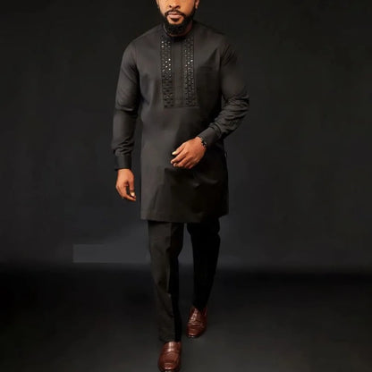 Kaftan Men Wedding Suits Groom Embroidered Pocket Top And Pants Kaunda Suit African casual Outfits Party Fashion Two-piece Set