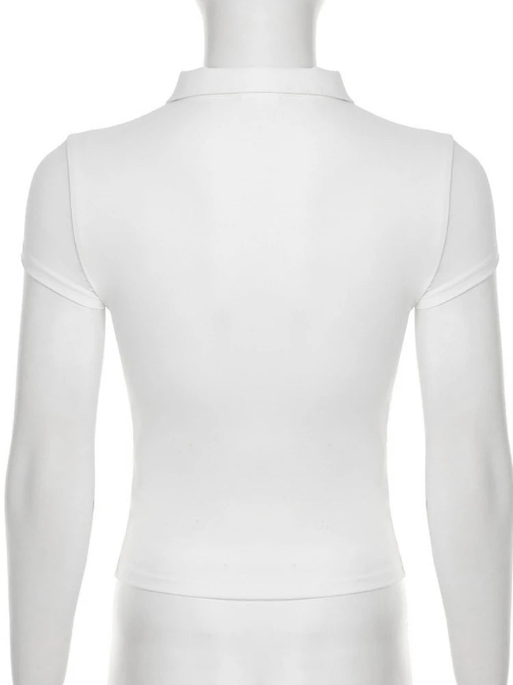 Turn-down Collar T Shirts For Women Streetwear Short Sleeve Crop Top Y2k Clothes Buttons Tshirt Solid Camisetas Slim Ropa Mujer