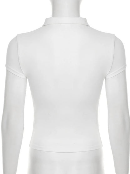 Turn-down Collar T Shirts For Women Streetwear Short Sleeve Crop Top Y2k Clothes Buttons Tshirt Solid Camisetas Slim Ropa Mujer