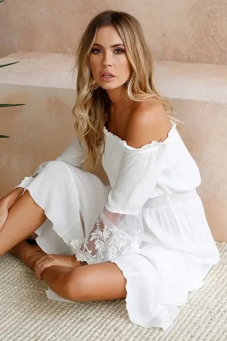 Sundress Swing Dress Women Elegant Long Sleeve Drawstring Slash Neck Lace Pleated Ruffle Loose Vacation Party Dresses Vestidos