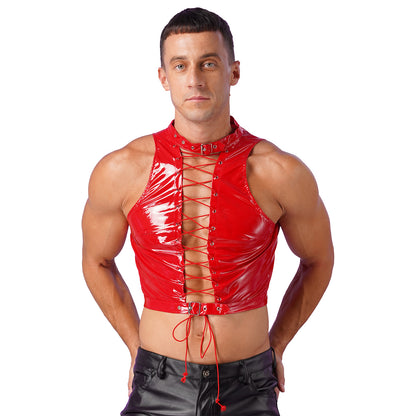 Mens Sleeveless Crop Top for Men Gothic Punk Clubwear Wet Look Patent Leather Vest Tops Hollow Out Eyelet Lace-Up Sleeveless Top