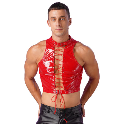 Mens Sleeveless Crop Top for Men Gothic Punk Clubwear Wet Look Patent Leather Vest Tops Hollow Out Eyelet Lace-Up Sleeveless Top