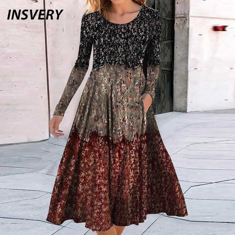 Fashion Bohemian Dresses For Women O Neck Long Sleeve Vintage Print Maxi Long Dress Women Elegant Autumn Dress