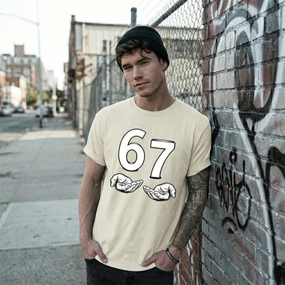 European And American Men T-Shirts Funny Six Seven 67 Meme Gen Alpha Slang 67 Hands Retro Cotton Comfort Short-Sleeve T-Shirt