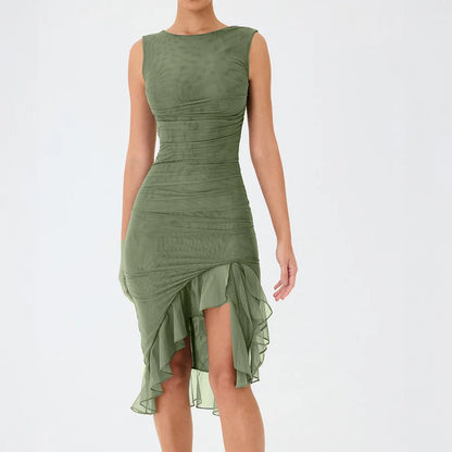 Women Maxi Dress Summer Elegant Solid Sleeveless Nipped Waist Slim Backless Ruffled Irregular Party Dresses Streetwear