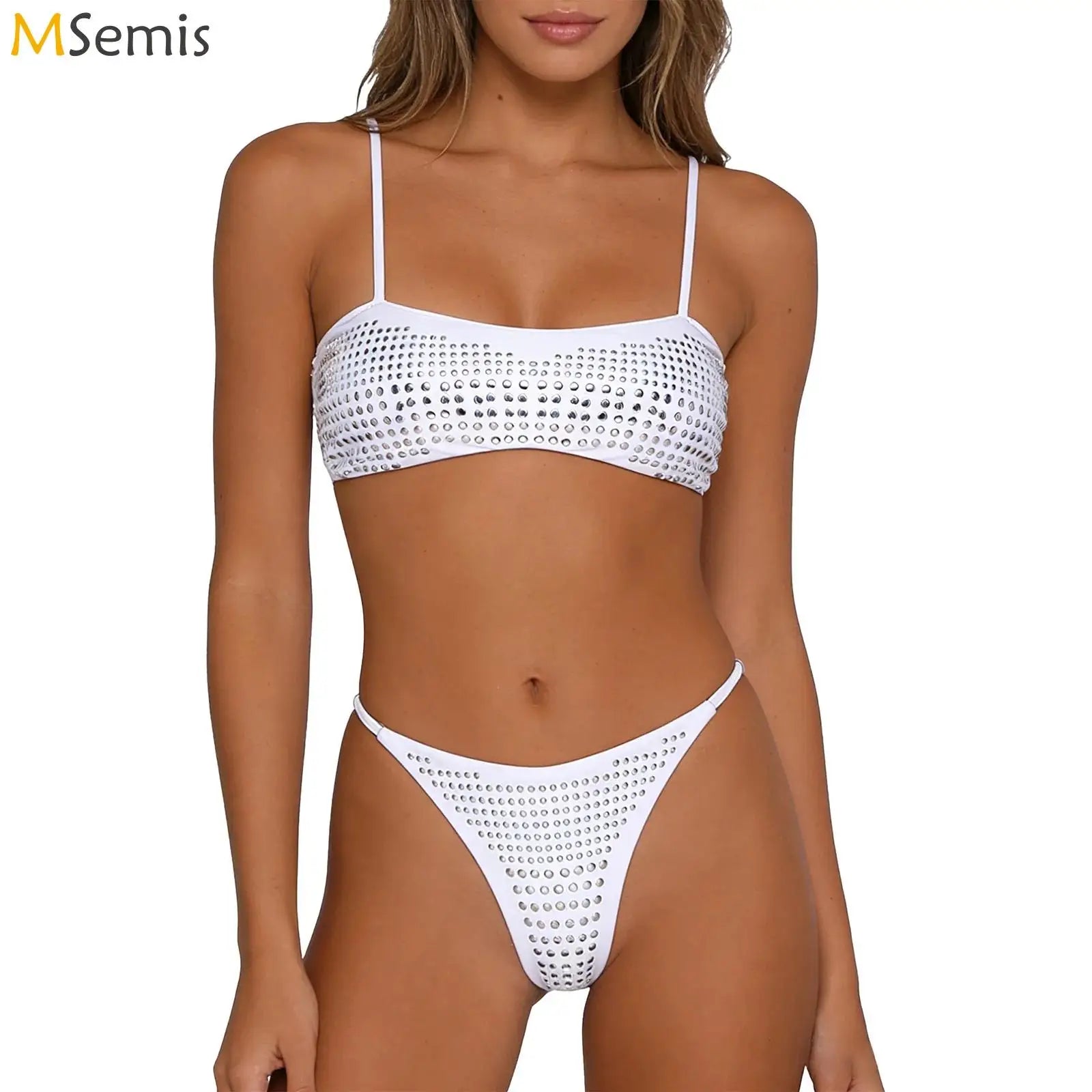Womens Bikini Swimwear Beach Bathing Suit Shiny Sequin Two Pieces Swimwear Bikini Top with High Waist Briefs 2-piece Beachwear