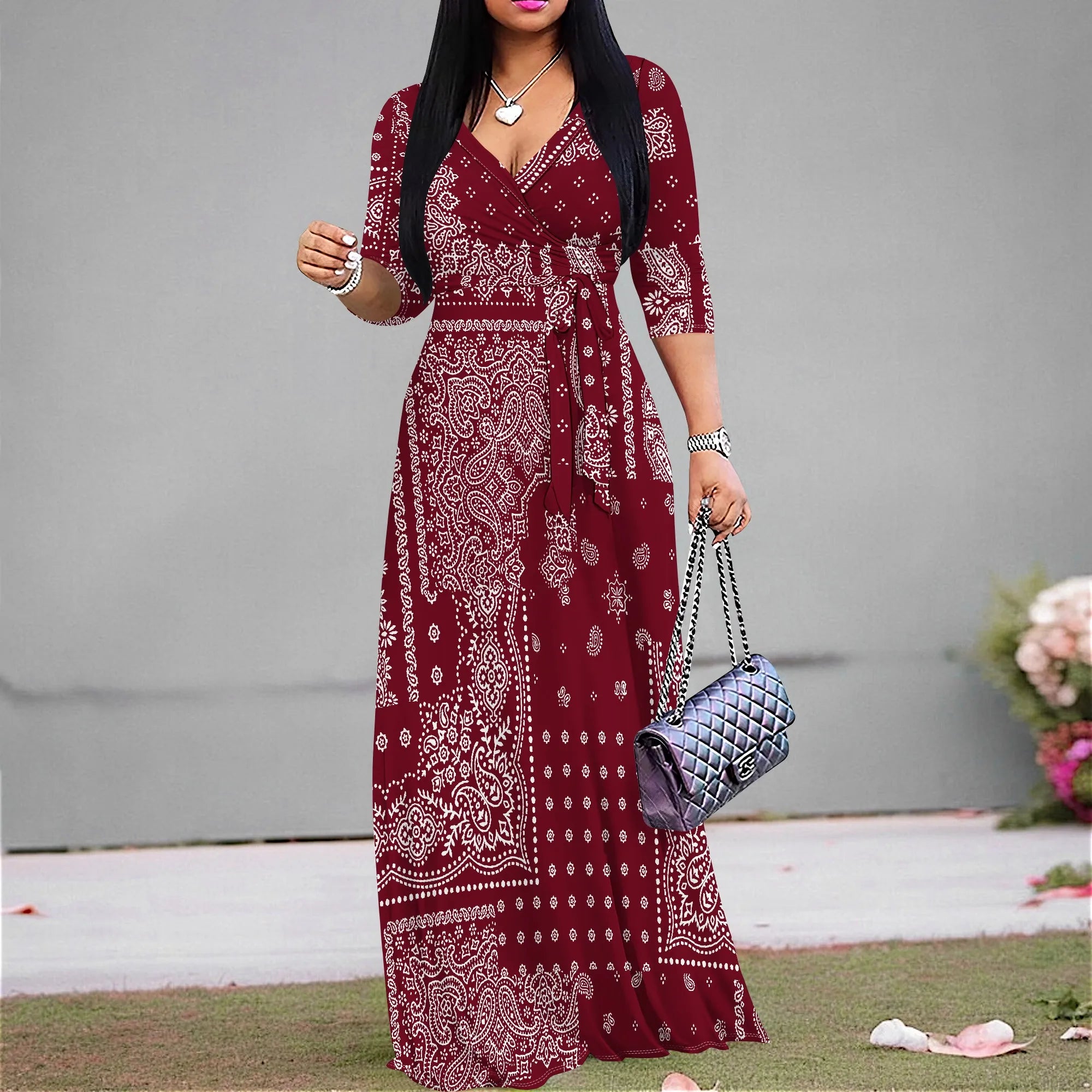 Plus Size Dresses for Women Print Maxi Dresses Flowy 3/4 Sleeve with Belt