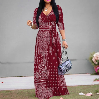 Plus Size Dresses for Women Print Maxi Dresses Flowy 3/4 Sleeve with Belt