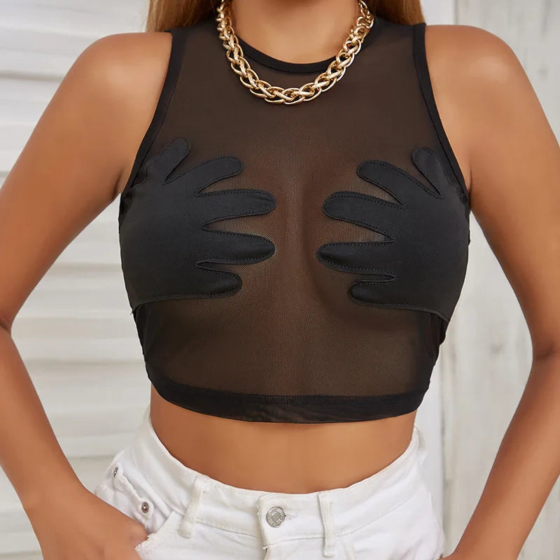 Sleeveless Sexy Tank Top Women Clothing See Through Y2k Accessories O-neck Palms Cute Mini T-shirts Mesh Black Ropa De Mujer