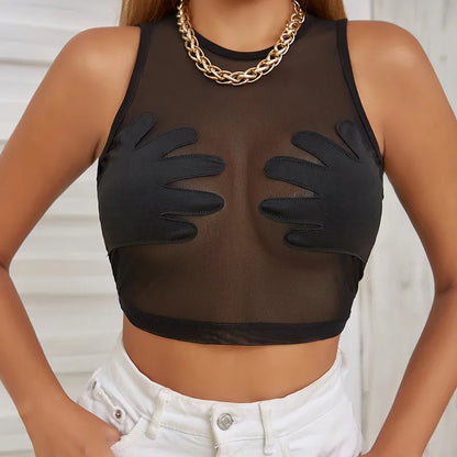 Sleeveless Sexy Tank Top Women Clothing See Through Y2k Accessories O-neck Palms Cute Mini T-shirts Mesh Black Ropa De Mujer
