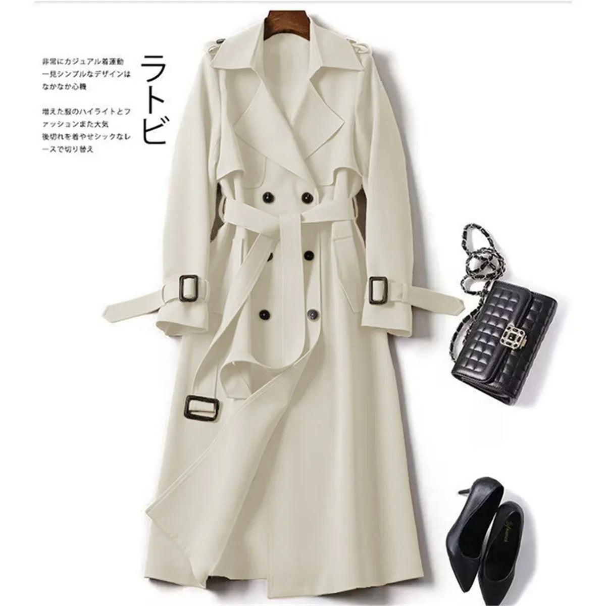 Elegant Women  Fashion British Jackets Autumn Winter Widebreaker Streetwear Midi Coats Casual Office Lady Button Slim Chic Coat