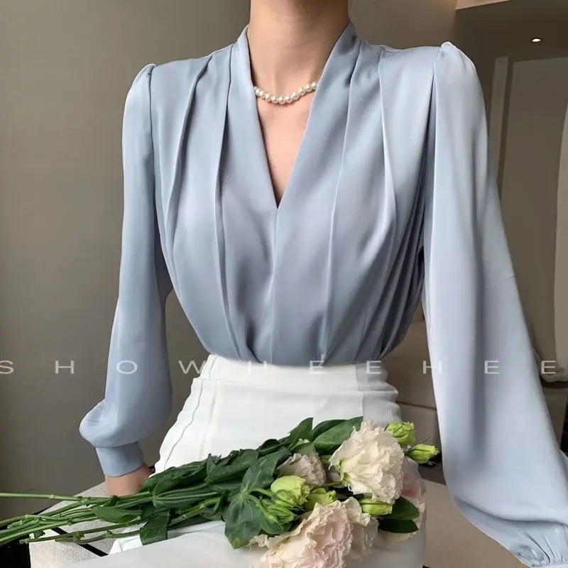 Women Clothing Fashion Loose V-Neck Chiffon Top Spring Autumn Elegant Long Sleeve Blouse Office Lady Simplicity Cozy Solid Shirt