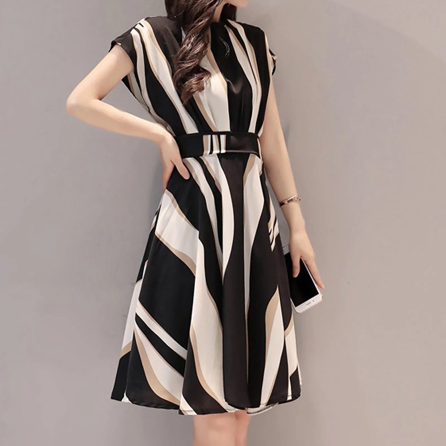 Women Dress Summer Vintage Printed Dress Elegant Fashion Ladies Business Dresses Belt O-Neck Short Sleeve Knee Length Dress