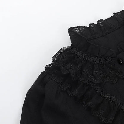 Sweet Lolita Cotton Shirts Women Vintage Gothic Black White Jacquard Short Sleeve Blouses Elegant Office Lady Y2k Tops